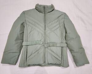 Larry Levine Down Puffer Jacket Womens L Sage Green Belted Quilted Winter Coat